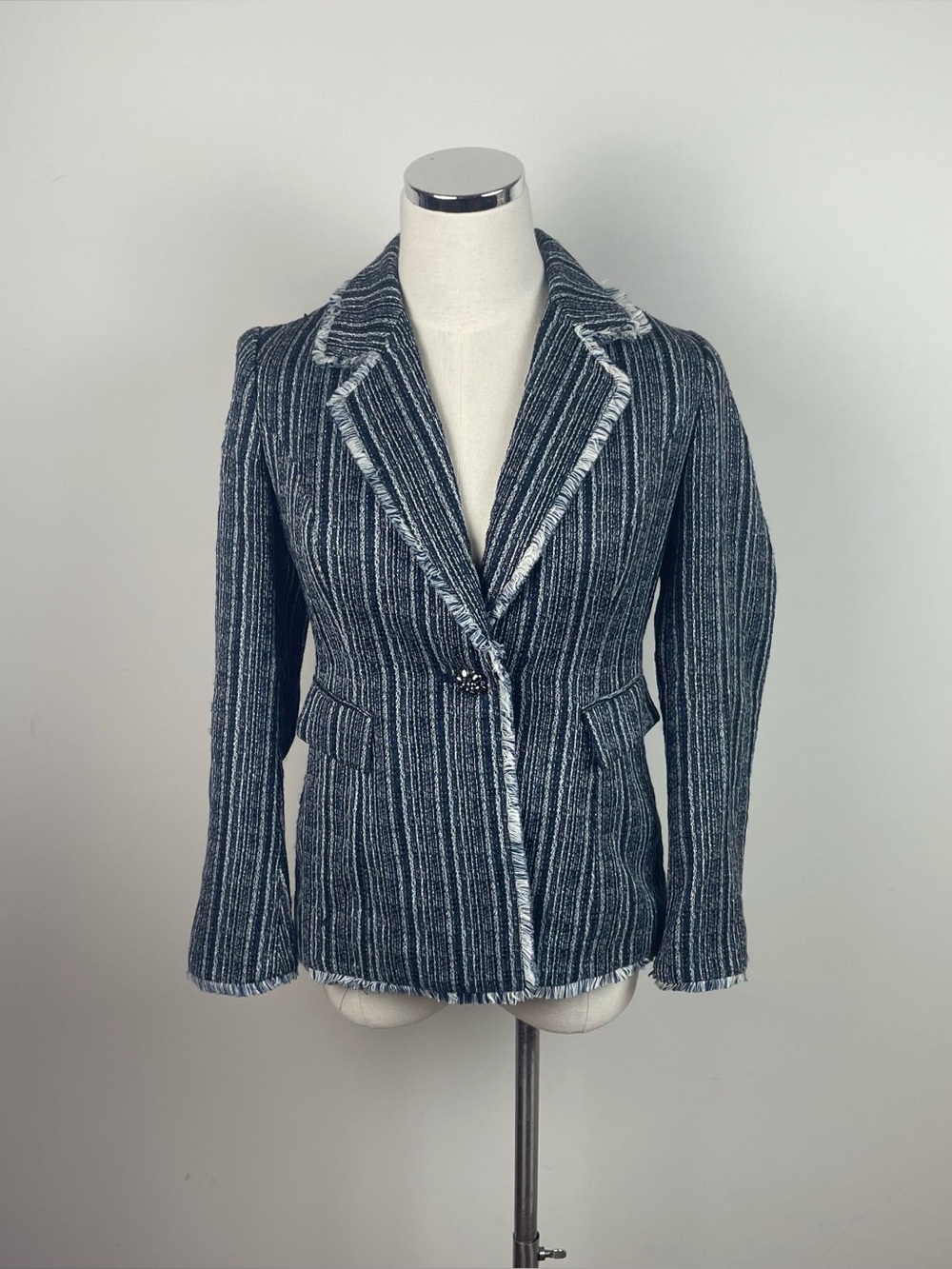 Chico's Navy Blue White Tweed Fringe Blazer Jacket Rhinestone Button Women